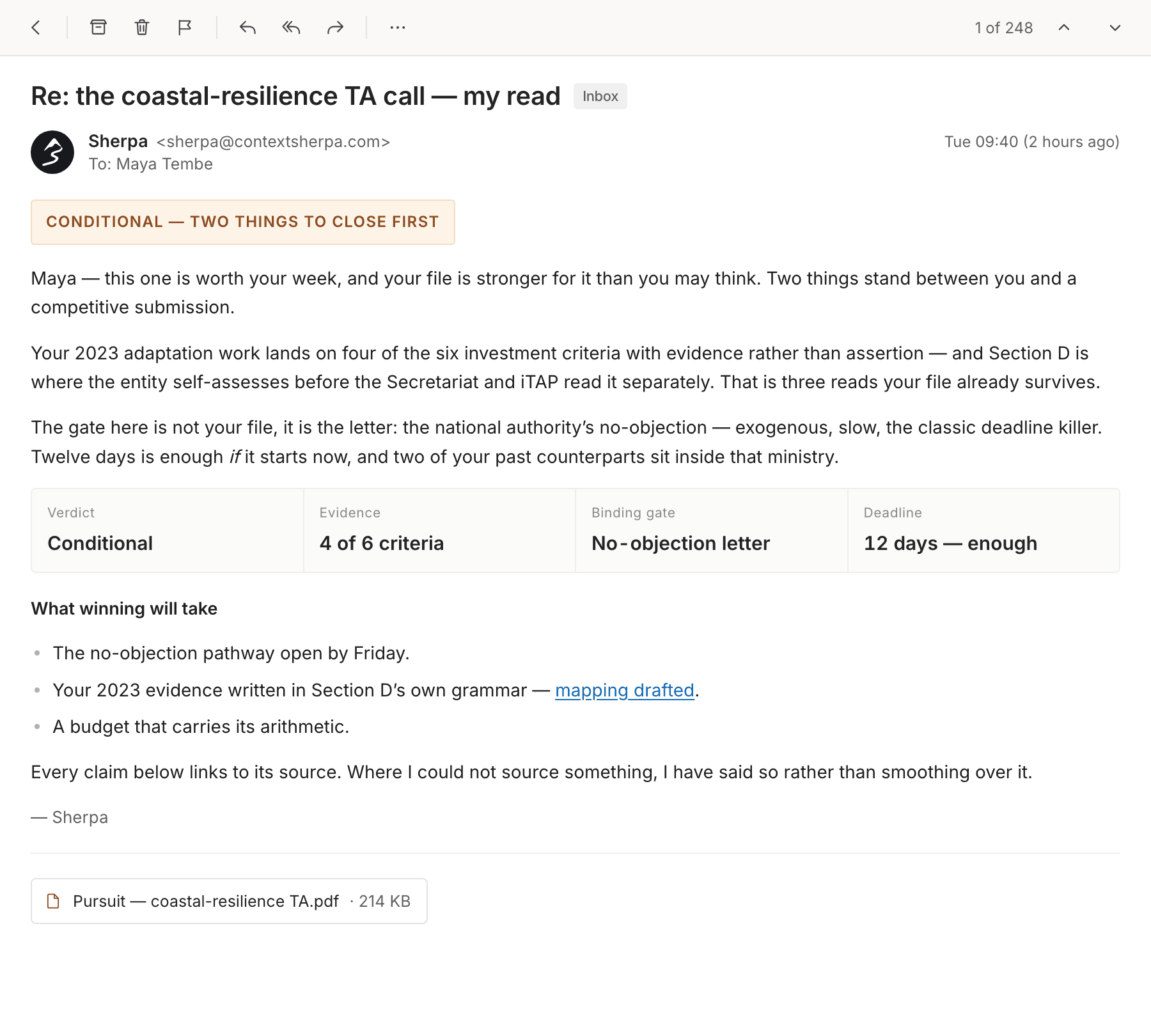 An email from Sherpa, subject 'Re: the coastal-resilience TA call — my read'. The verdict reads CONDITIONAL — two things to close first, followed by a verdict strip (evidence: 4 of 6 criteria; binding gate: the no-objection letter; deadline: 12 days — enough) and a list of what winning will take.